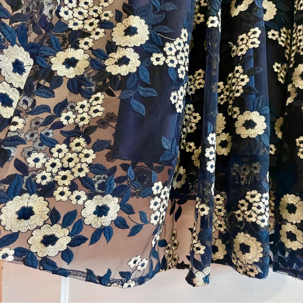 Tahari Elegant Sleeveless Dress with White Floral Embroidery over Deep Blue - Picture 8 of 14